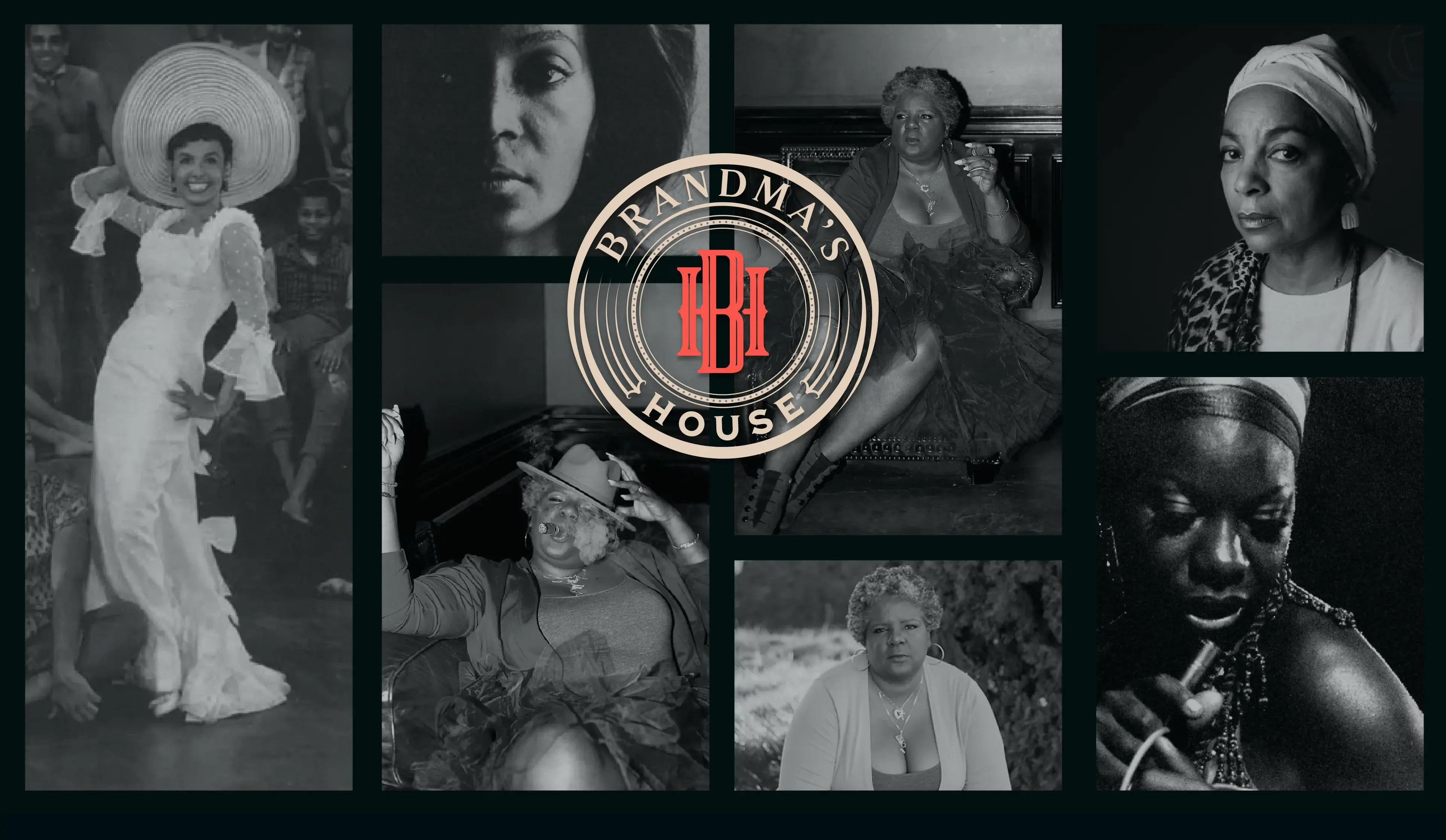 Brandma's House rebrand hero: black-and-white film-still collage under the Brandma's House seal