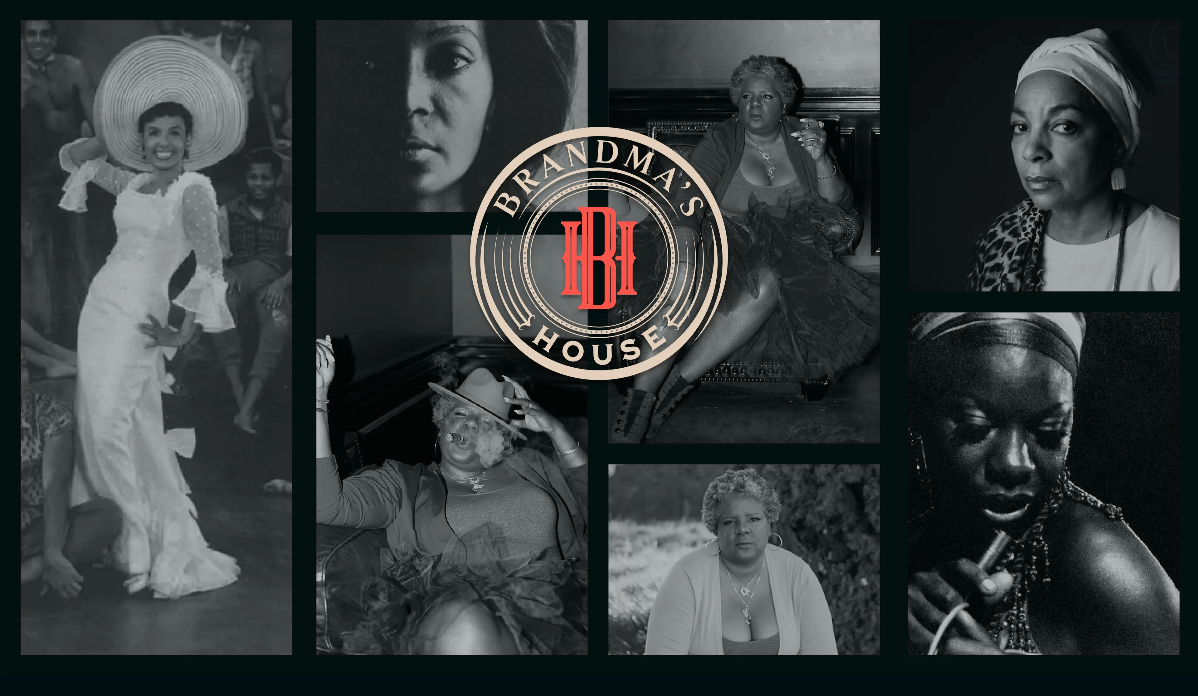Brandma's House rebrand hero: black-and-white film-still collage under the Brandma's House seal